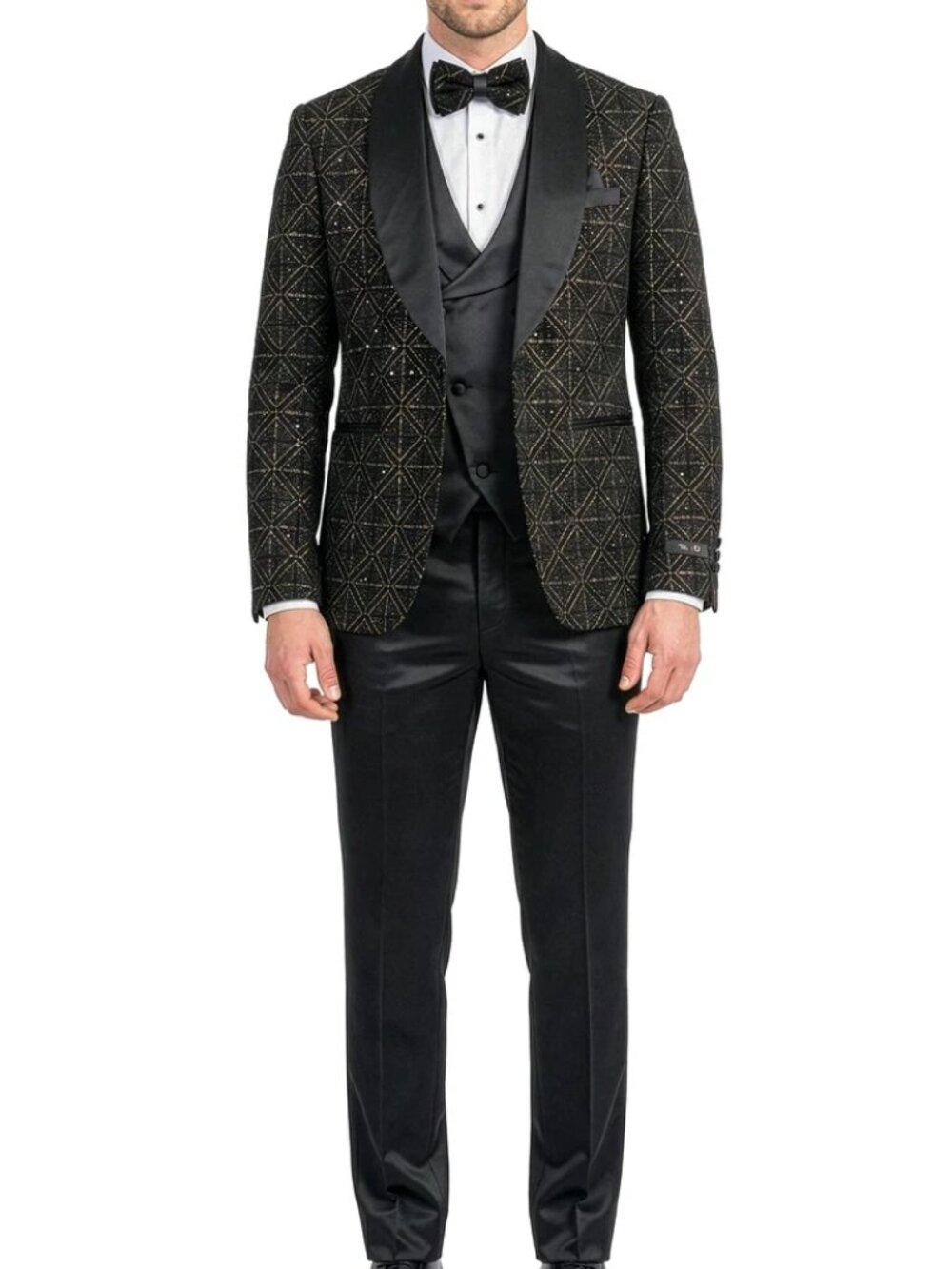 Black Velvet Sequin Satin Shawl Lapel 3 Piece Skinny Fit Men's Fashion Suit